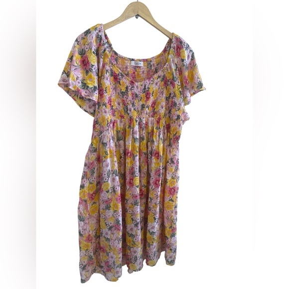 Jolie & Joy Women's Pink Yellow Flowy Ruffle Floral Smocked Mini Dress Size 2X - Picture 2 of 14